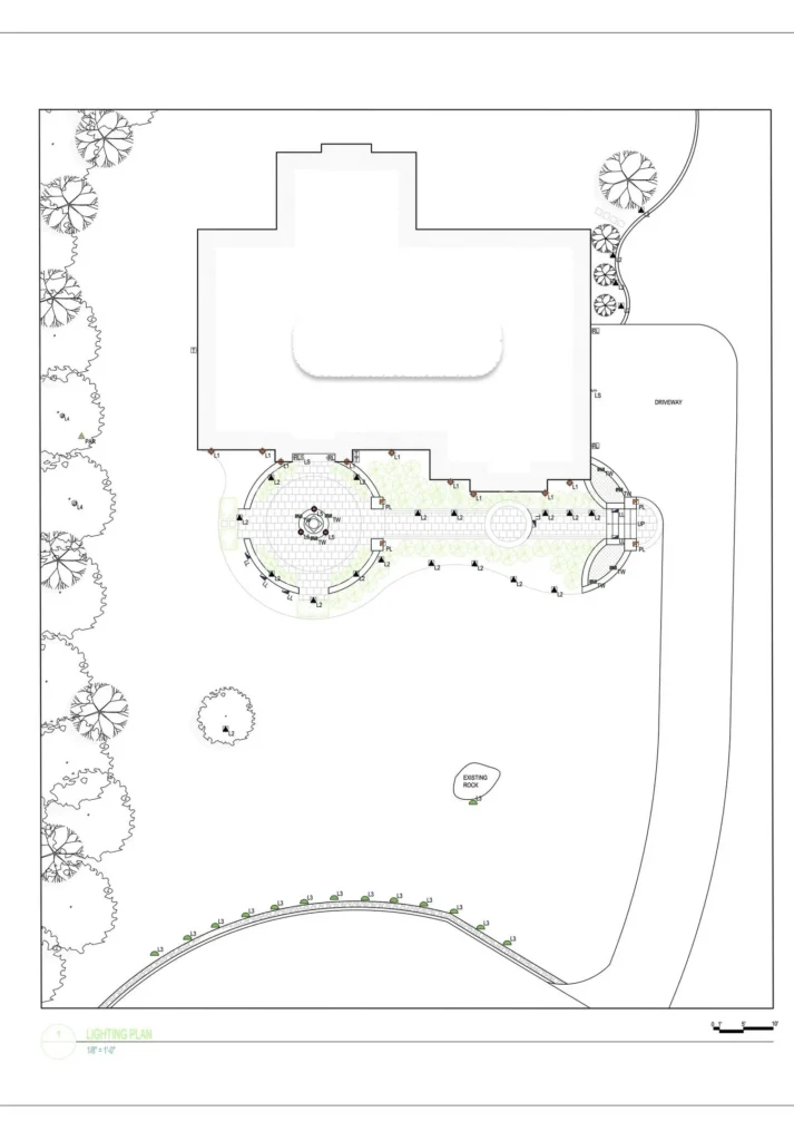 An overhead lighting plan marking each fixture position, type, and aim direction across the property.